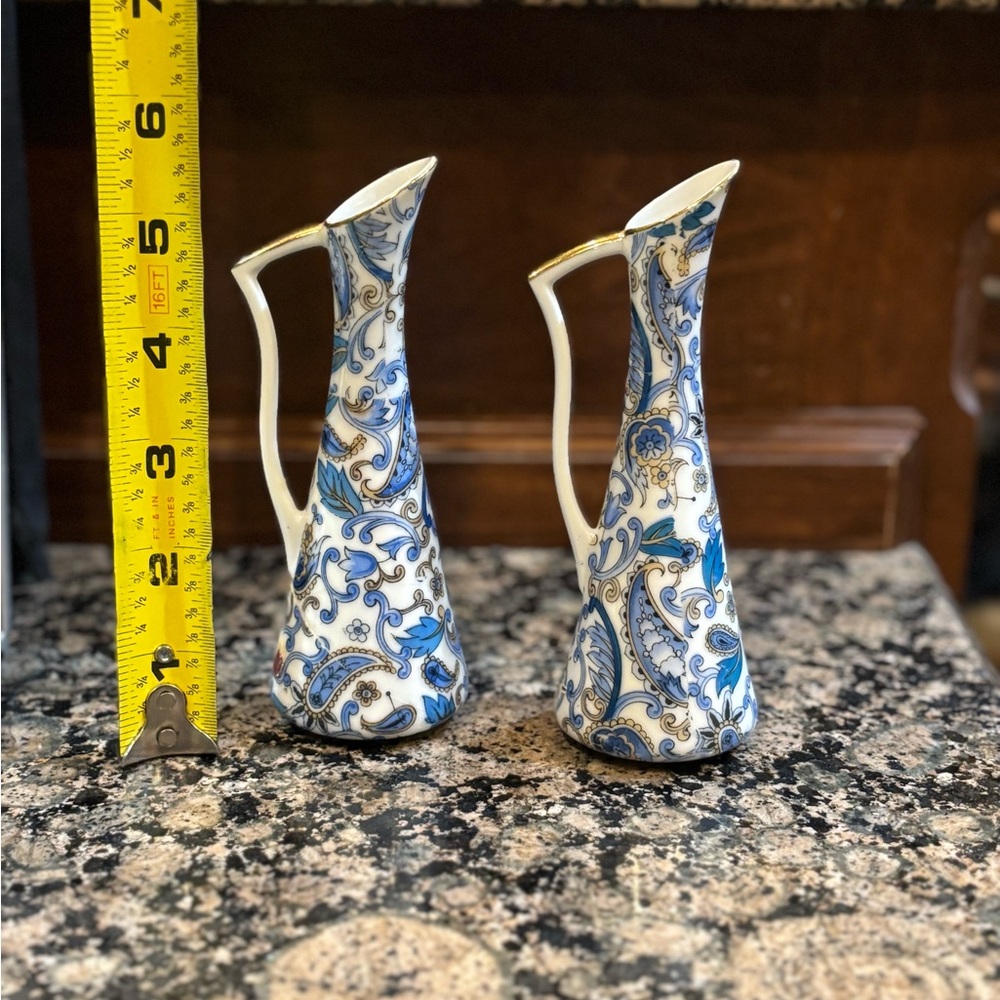 Lefton China Floral Pitcher-Style Decorative Vases with Blue Scrollwork